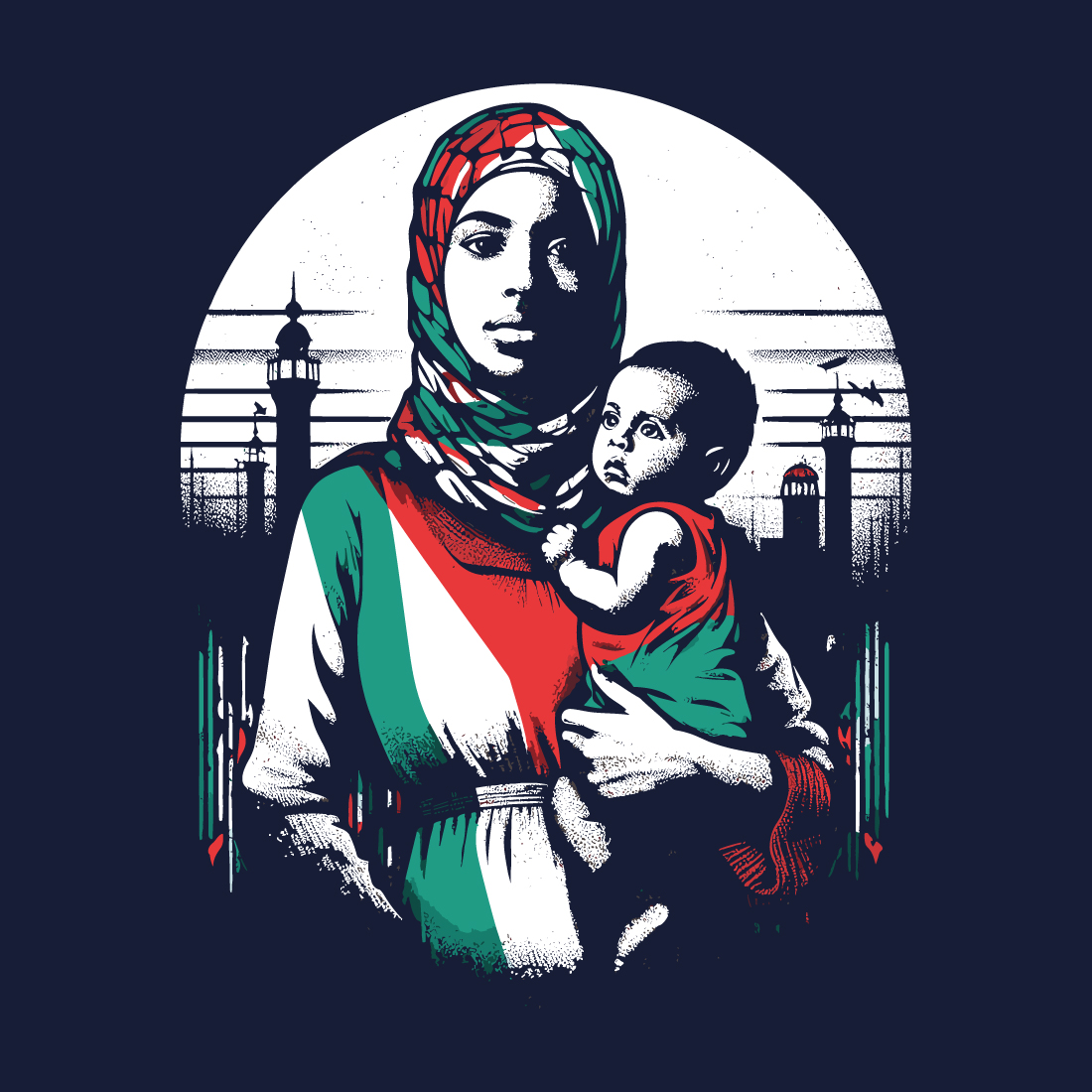 Mother and son t-shirt depicting the suffering and struggle of Palestine with letter or flag on white background preview image.