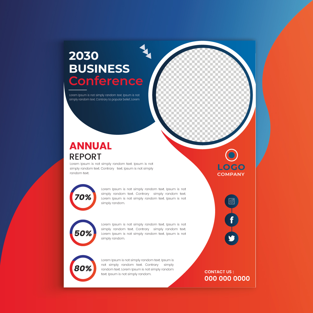 Modern circle red, blue business flyer template for annual report, magazine preview image.