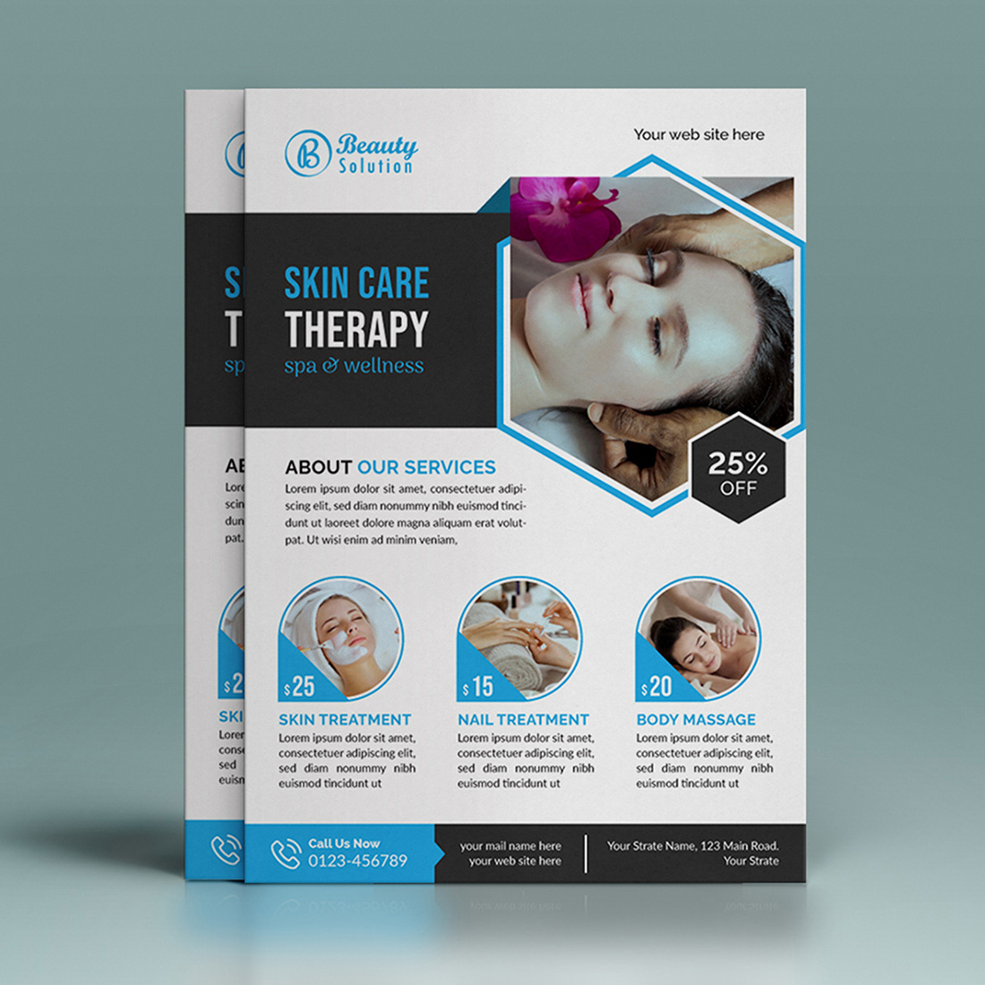 Beauty and spa salon flyer template design preview image.