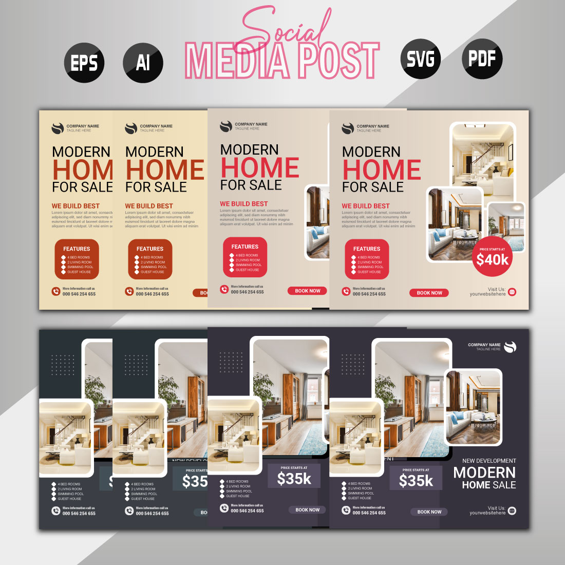 Vector modern home sale social media post template preview image.