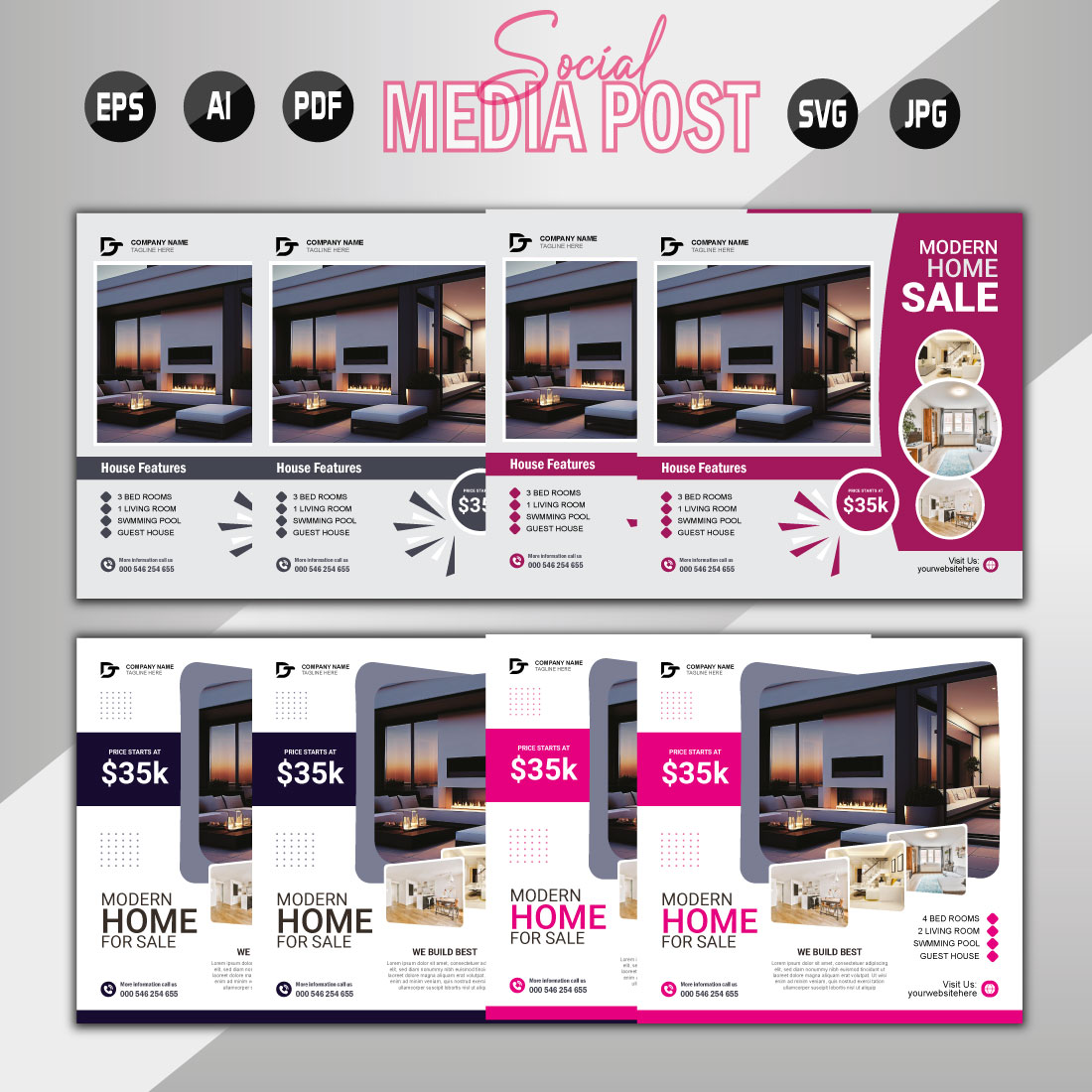 Vector modern home sale social media post template preview image.