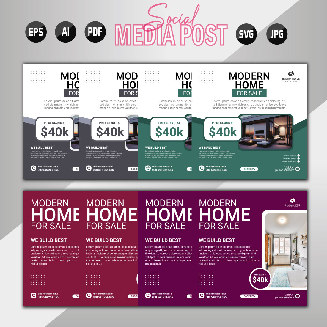 Vector modern home sale social media post template preview image.