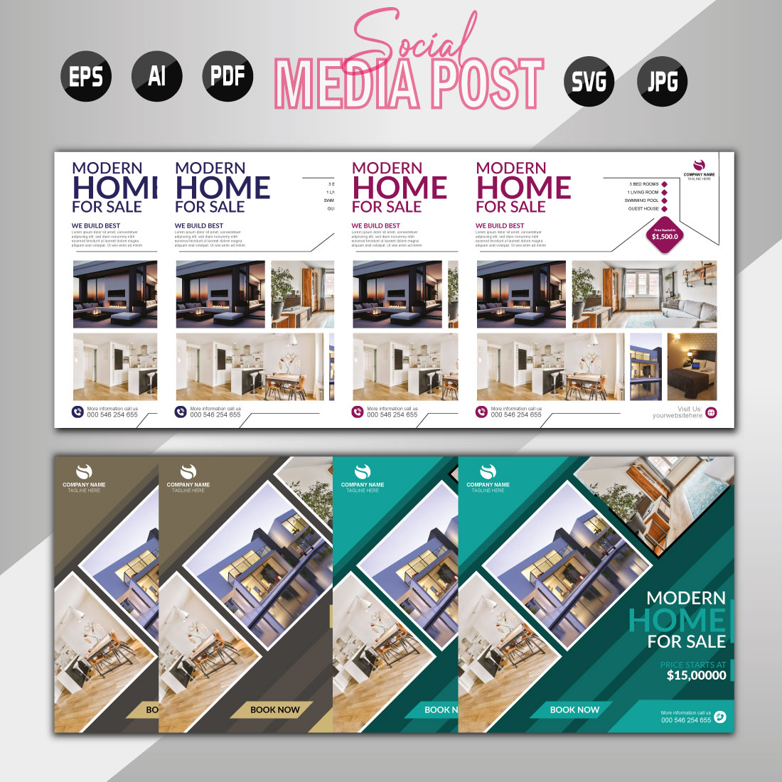 Vector modern home sale social media post template preview image.