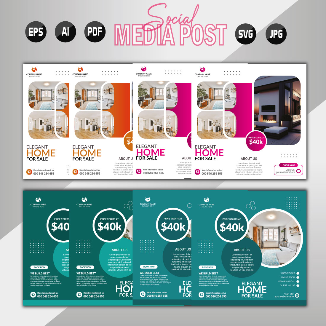 Vector modern home sale social media post template preview image.