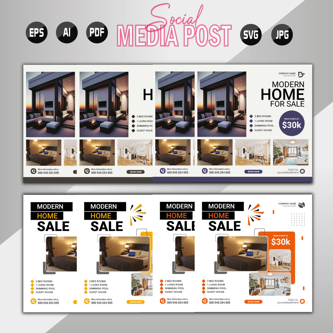 Vector modern home sale social media post template preview image.