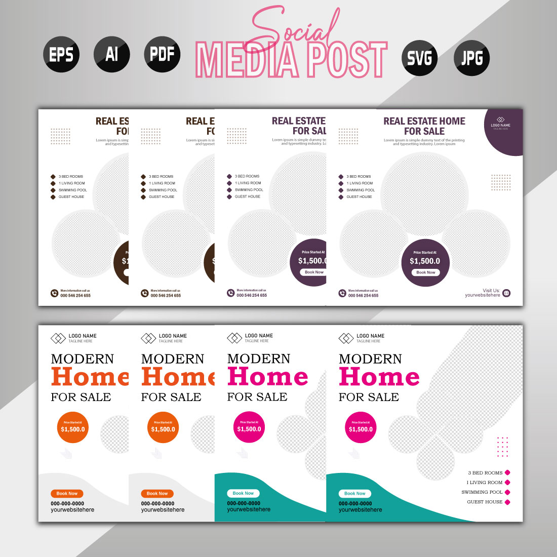 Vector modern home sale social media post template preview image.