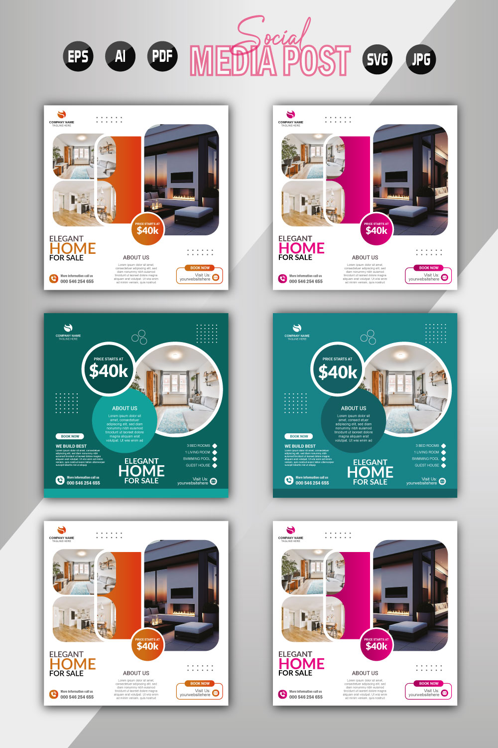 Vector modern home sale social media post template pinterest preview image.