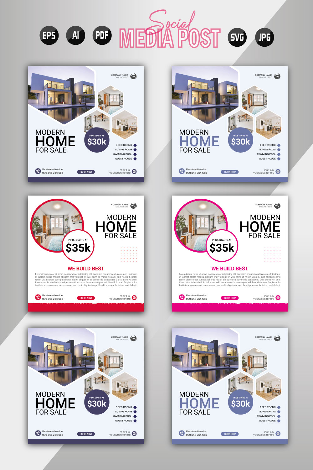 Vector modern home sale social media post template pinterest preview image.