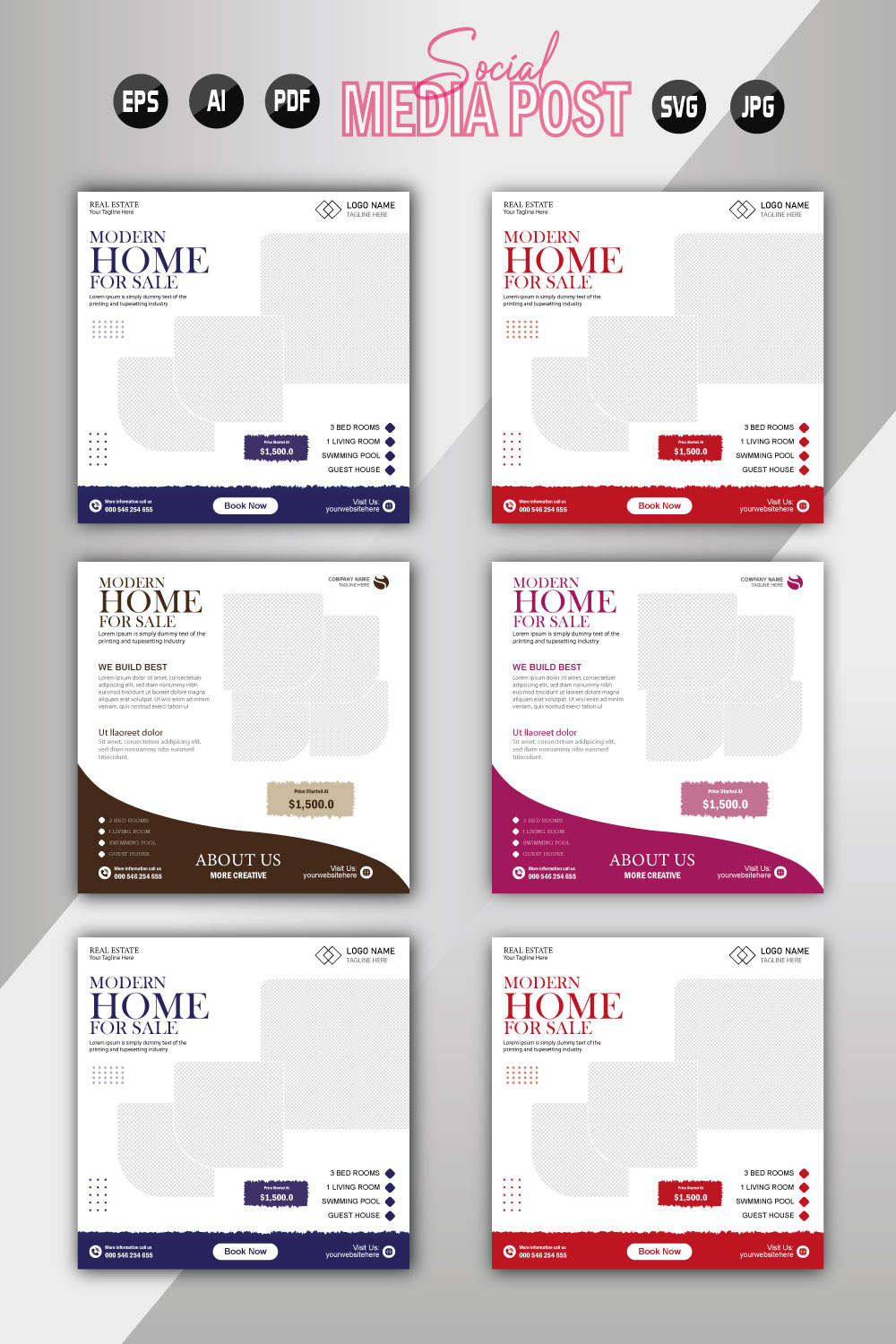 Vector modern home sale social media post template pinterest preview image.