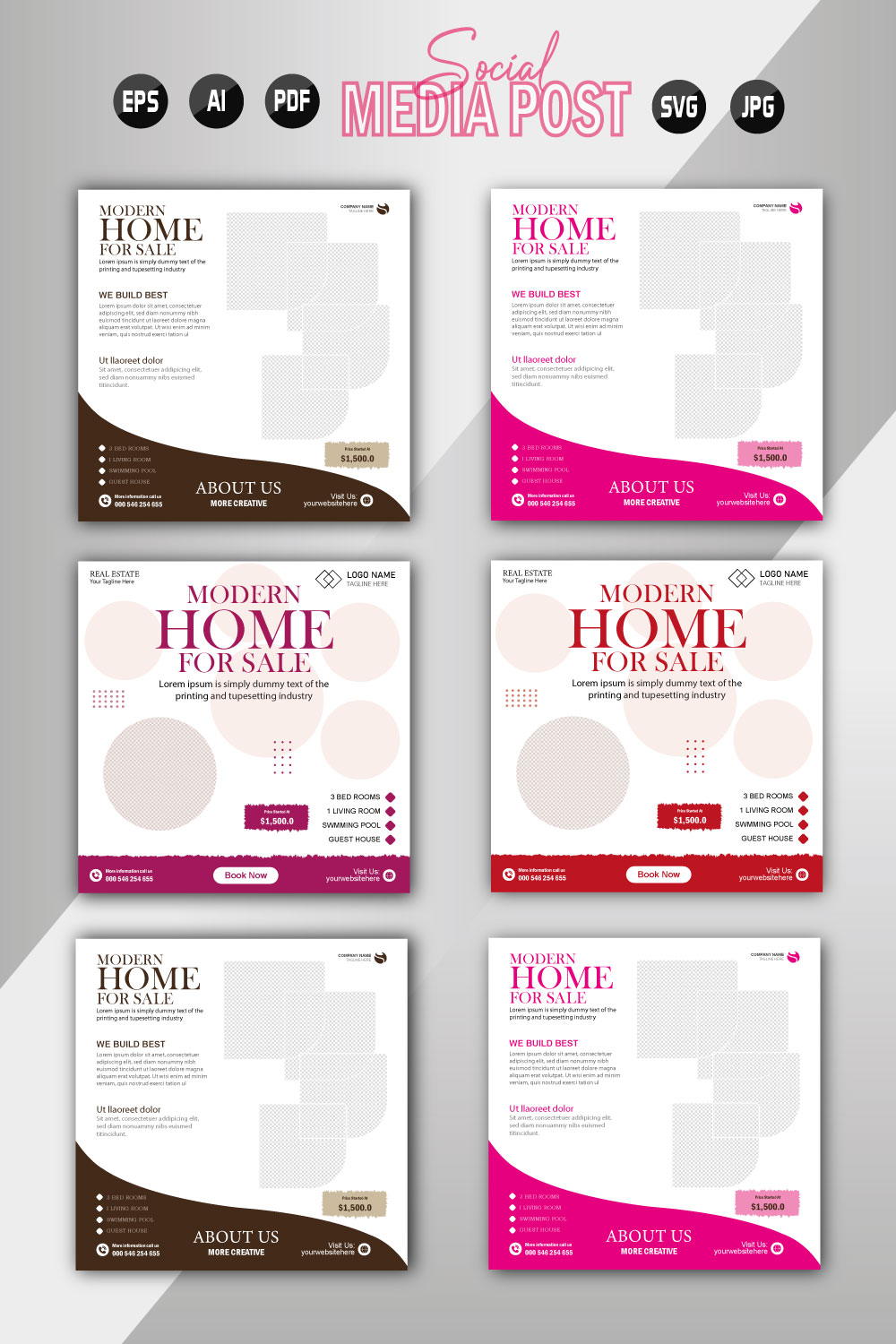 Vector modern home sale social media post template pinterest preview image.