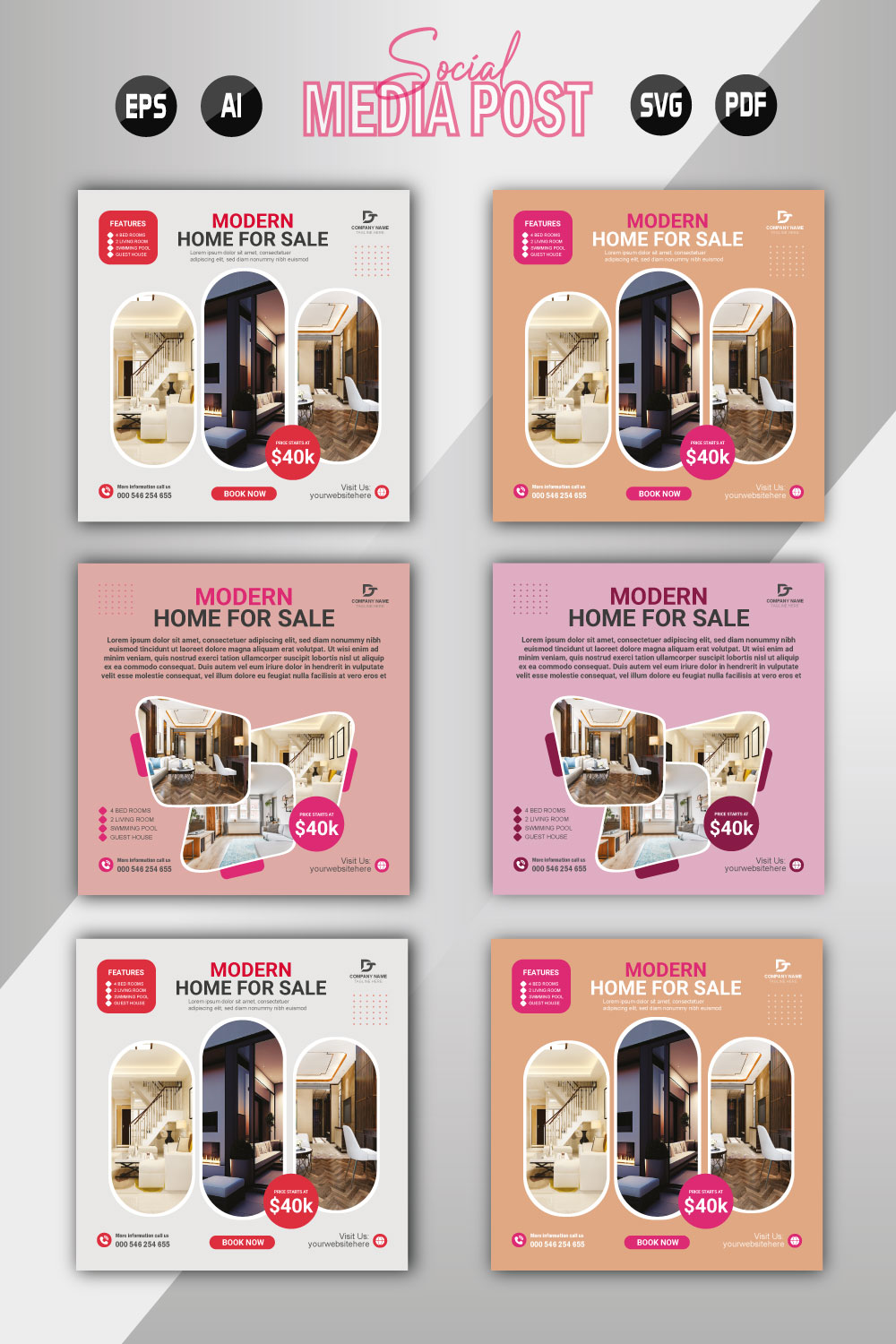 Vector modern home sale social media post template pinterest preview image.