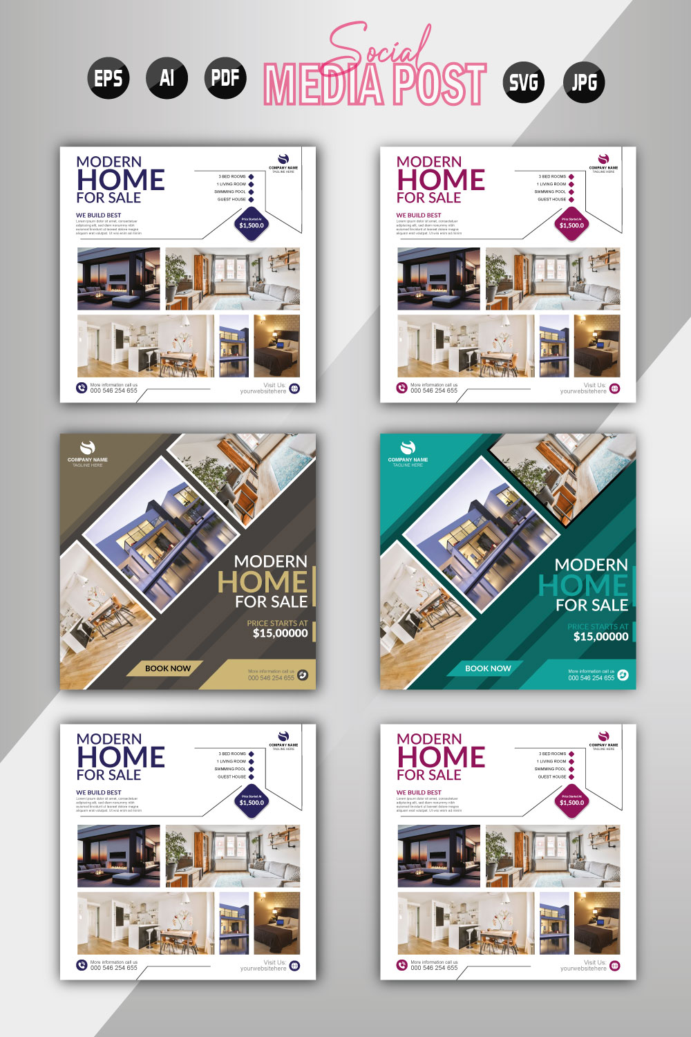 Vector modern home sale social media post template pinterest preview image.