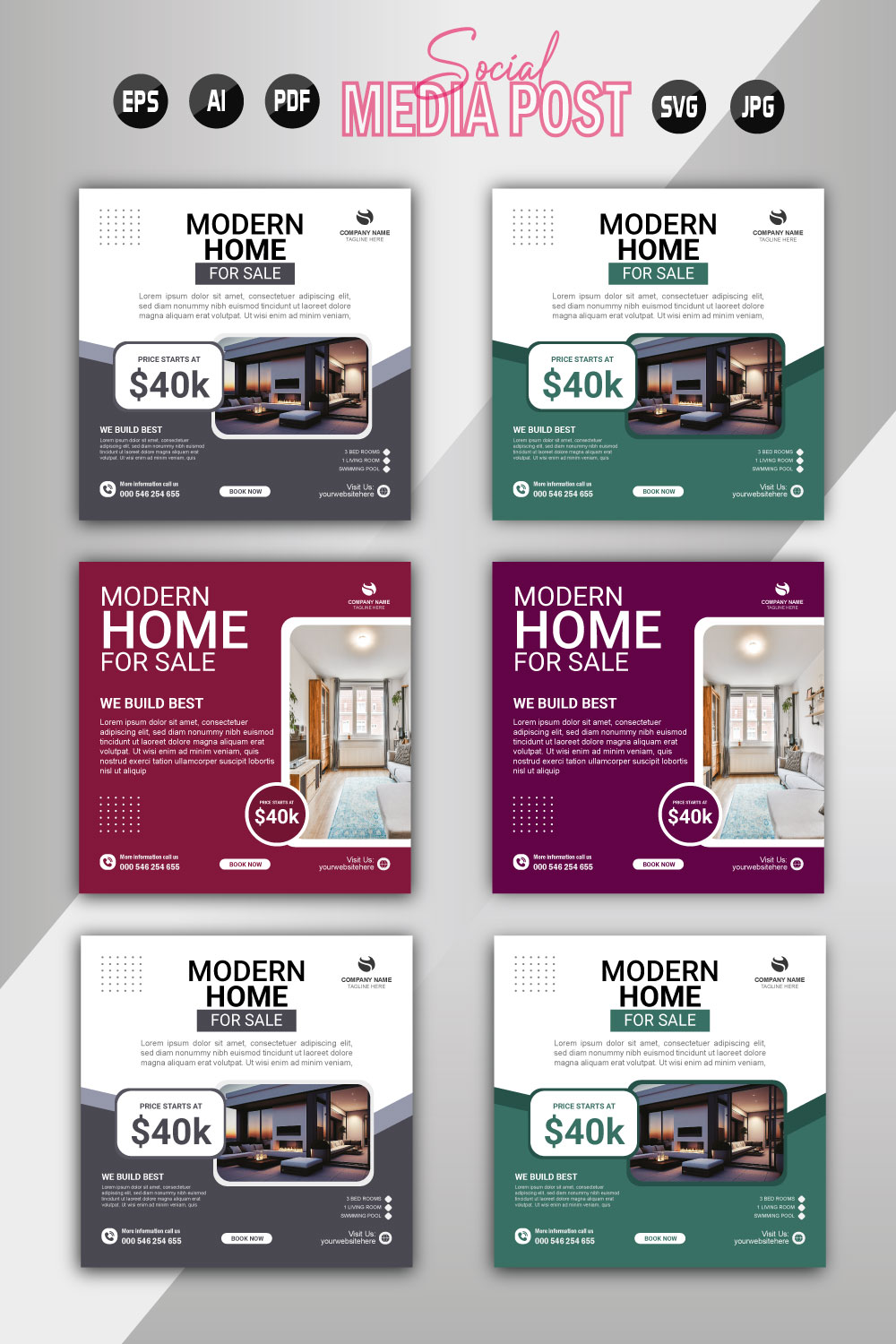 Vector modern home sale social media post template pinterest preview image.