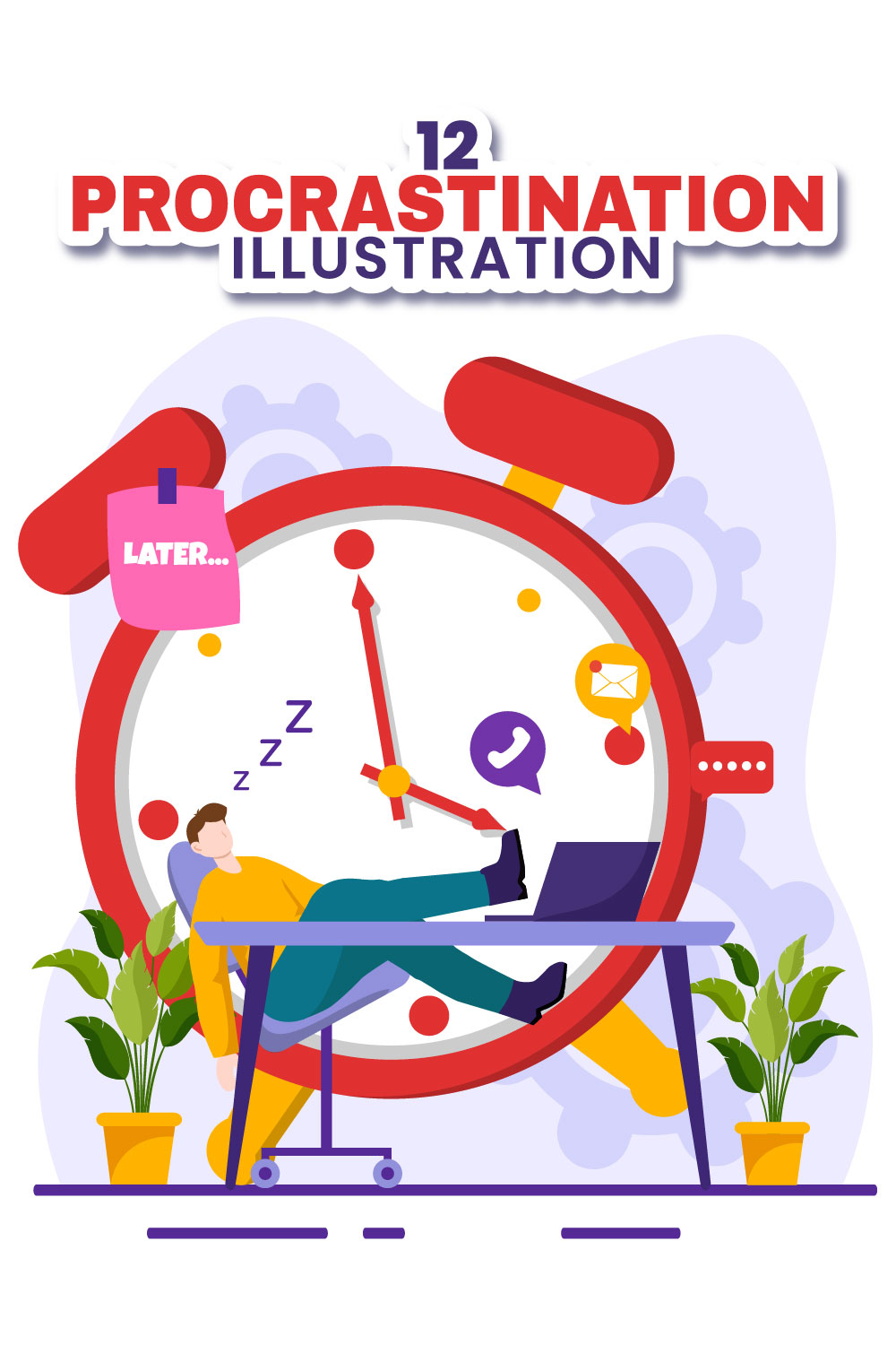 12 Procrastination Vector Illustration pinterest preview image.