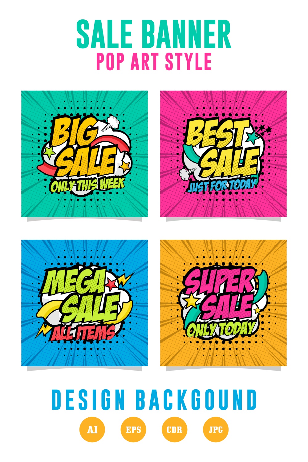 Sale banner pop art style vector collection - $5 pinterest preview image.