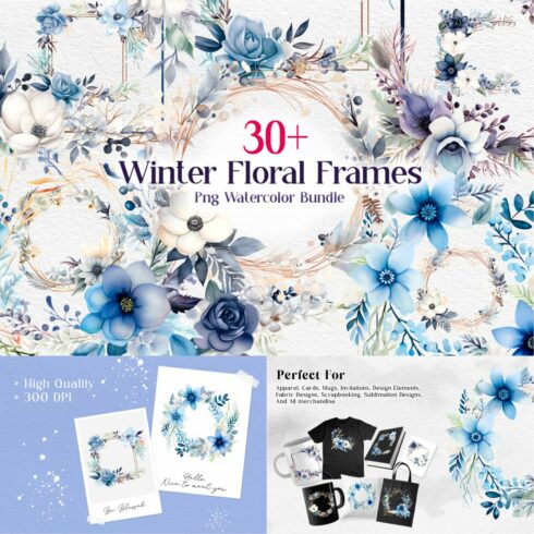 Winter Floral Frames Sublimation Clipart PNG Bundle cover image.