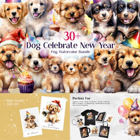 Dog Celebrate New Year Sublimation Clipart Bundle cover image.