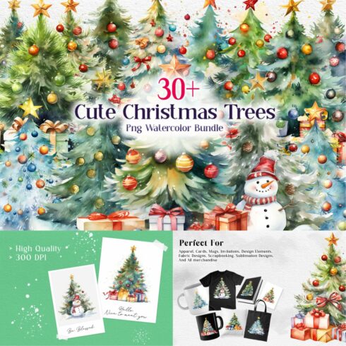 Watercolor Christmas Trees Clipart PNG Bundle cover image.