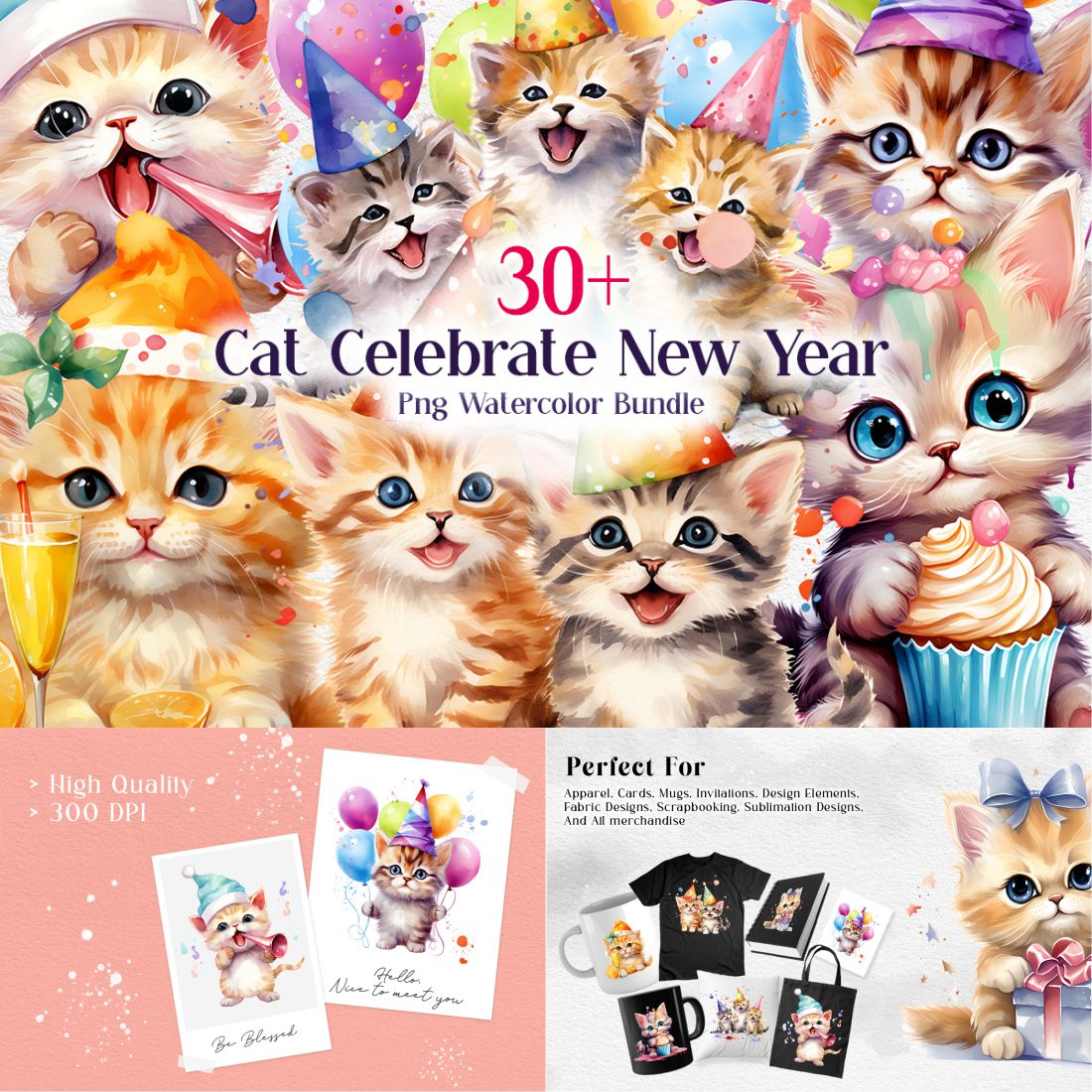 Cat Celebration New Year PNG Watercolor Bundle cover image.