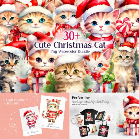 Cute Christmas Cat Sublimation Bundle, Cute Christmas Cat Clipart Watercolor cover image.