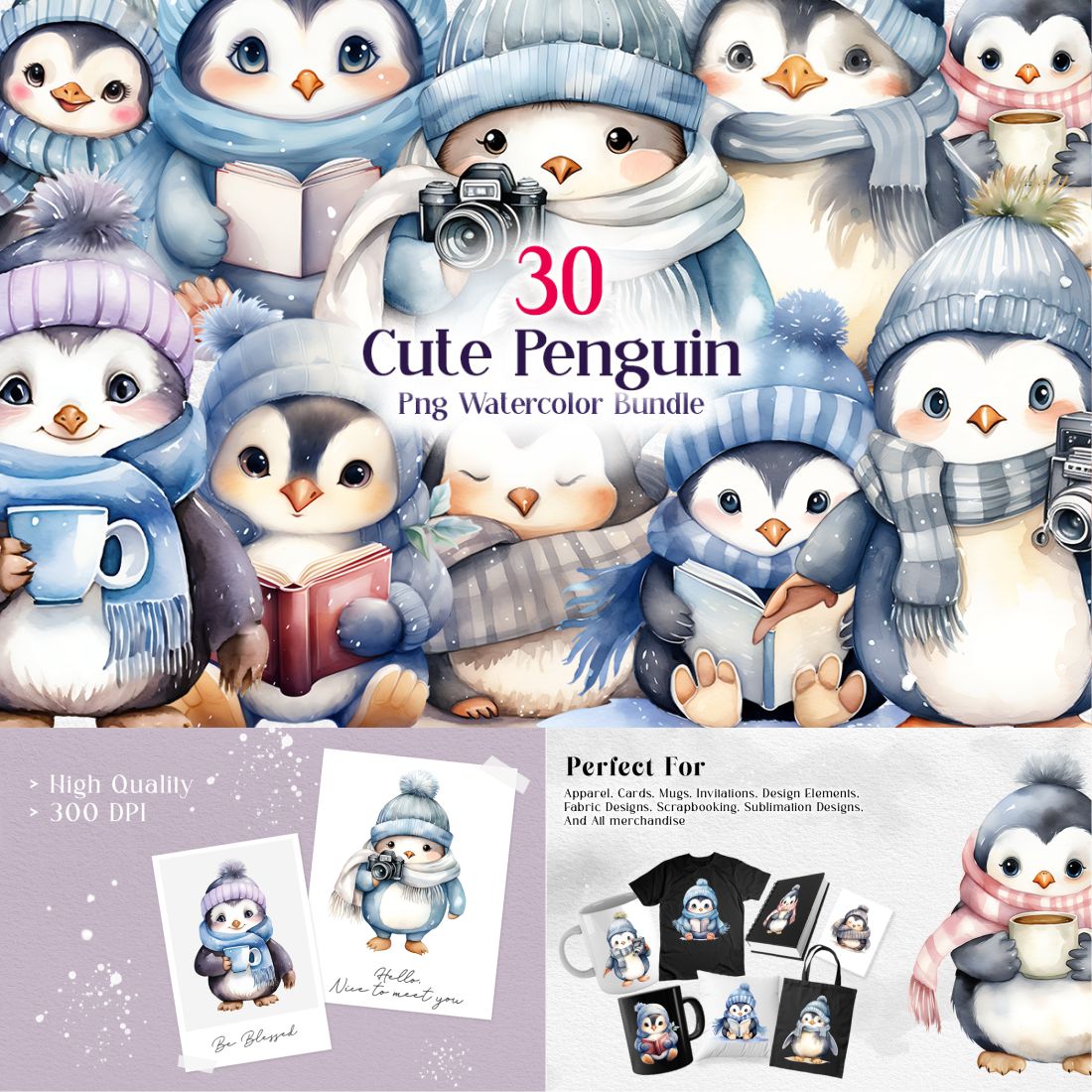 Cute Penguin Winter PNG Sublimation Clipart Bundle cover image.
