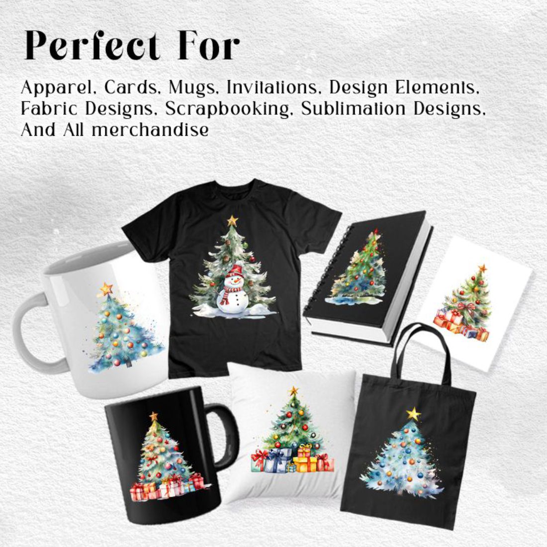 Watercolor Christmas Trees Clipart PNG Bundle preview image.