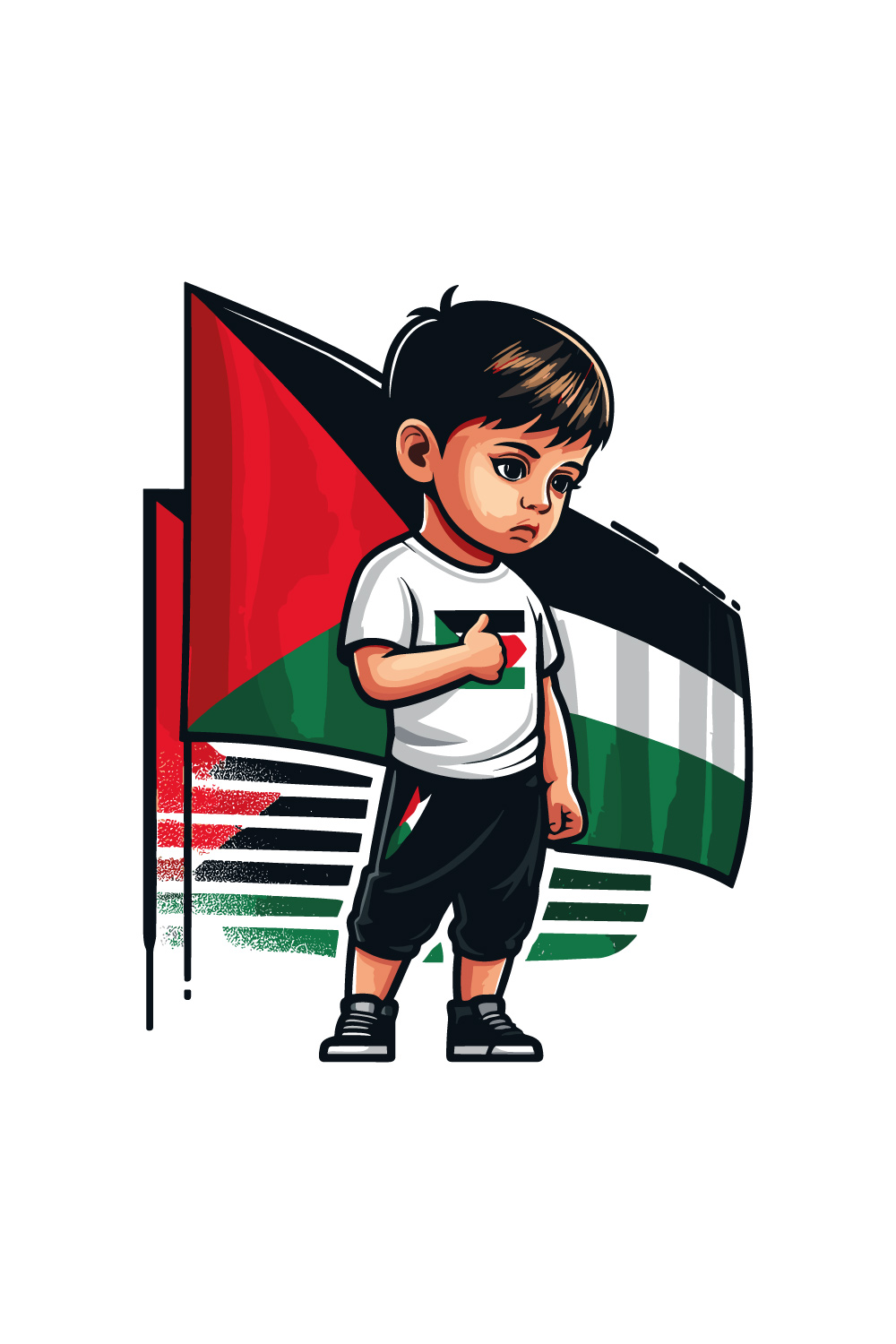 A child stand Palestine flag for t-shirt design on white background pinterest preview image.