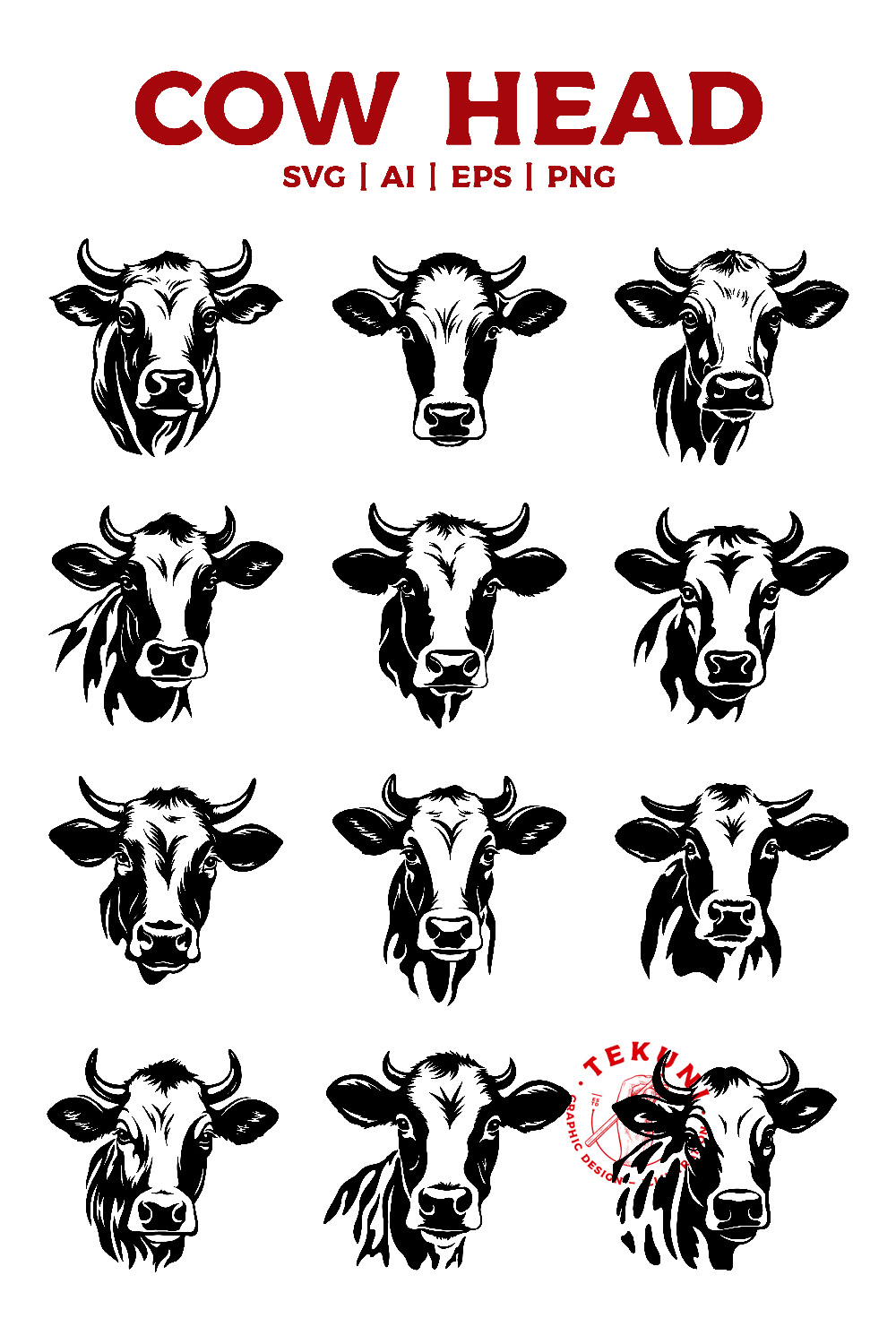 Cow head svg bundle, cow silhouette - Instant download pinterest preview image.