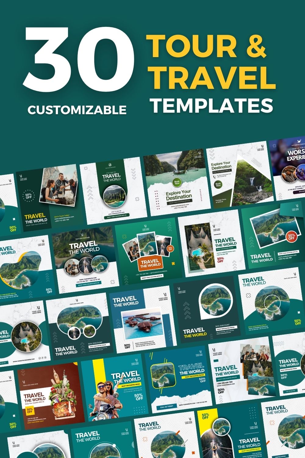 30 Tour & Travel Canva Flyer Bundle pinterest preview image.