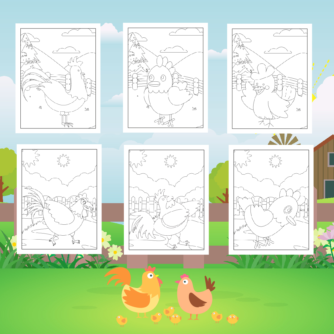 Chicken coloring pages for kids preview image.