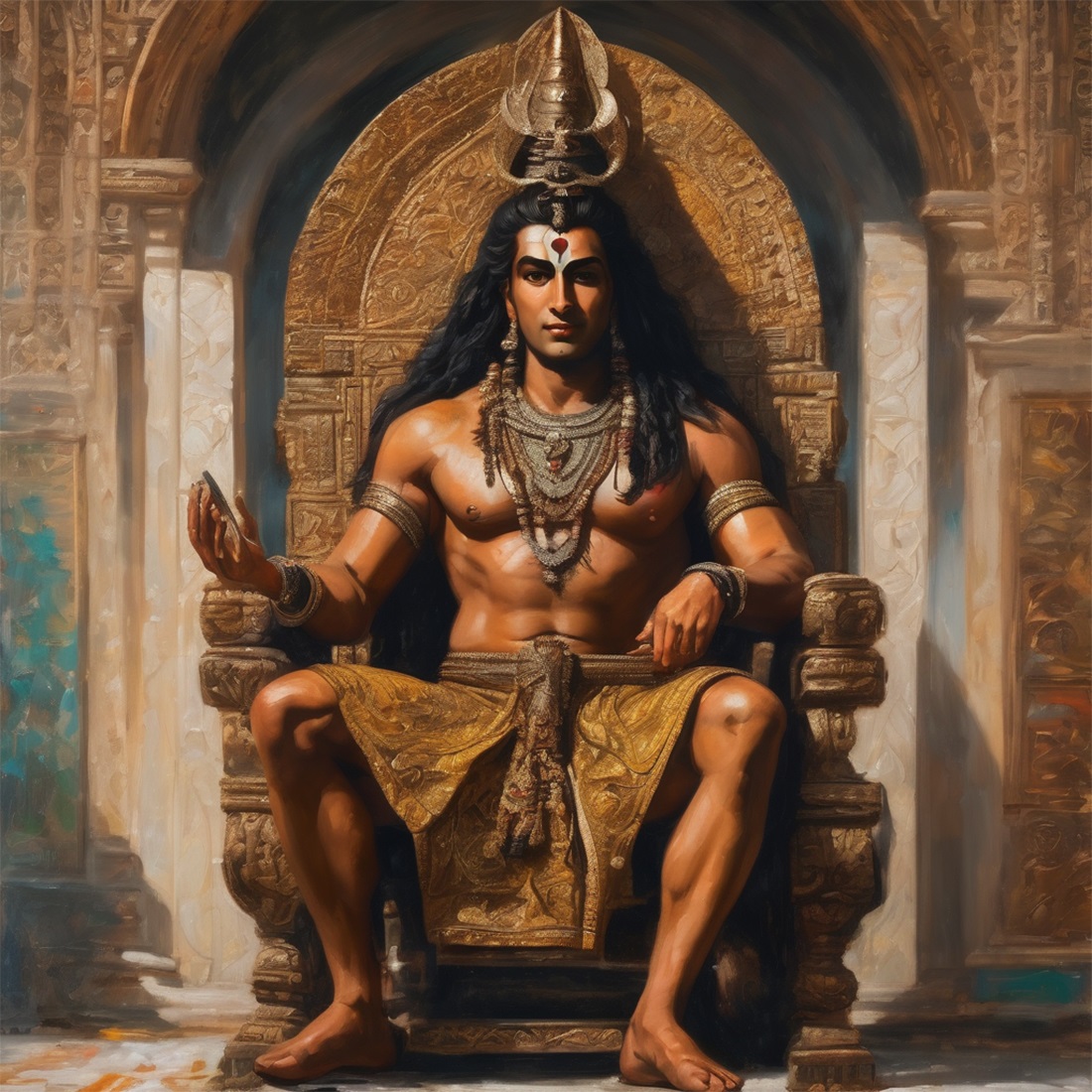 Shiva sitting on stone chair oil painting preview image.