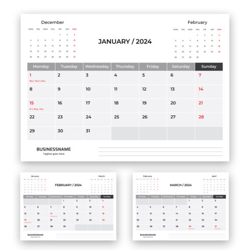 2024 Calendar template design Week starts on Monday office calendar Desktop planner in simple clean style Corporate or business calendar English vector calendar layout cover image.