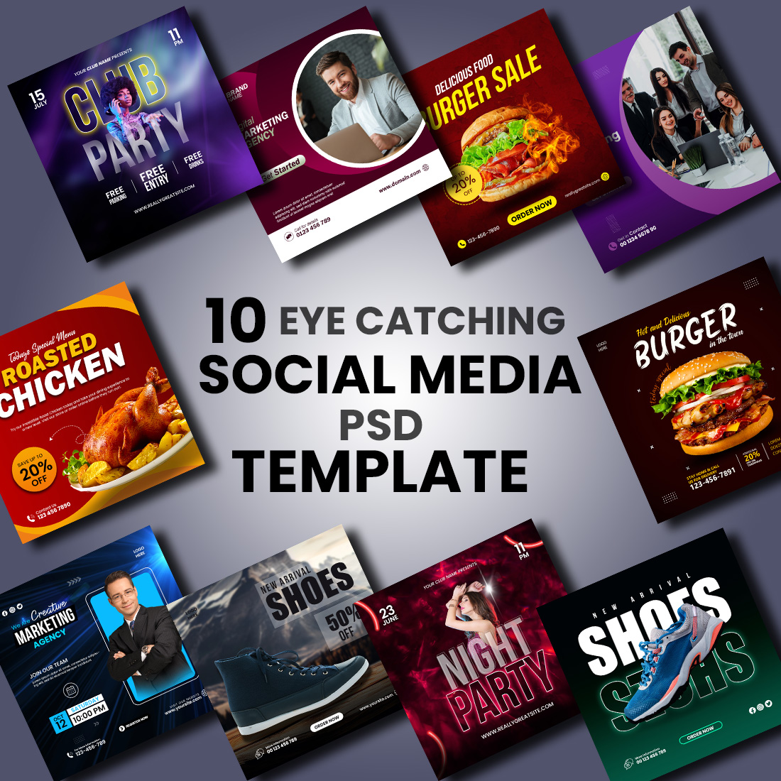 10 Eye Catching Social Media PSD Template cover image.