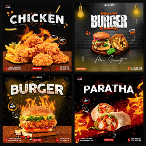 4 Creative Social Media Fast Food Restaurant Post Bundle cover image.