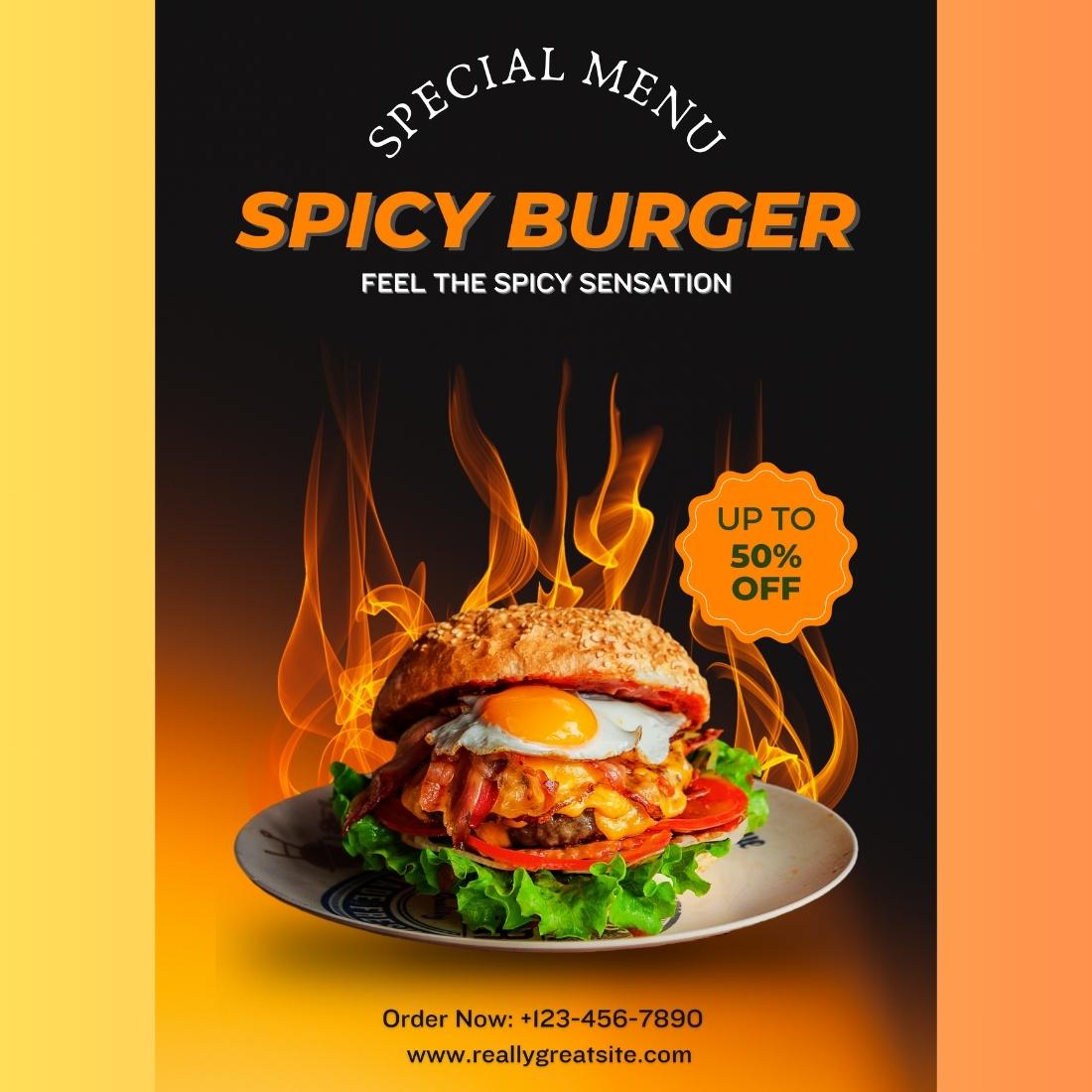 Spicy Burger Poster Template preview image.