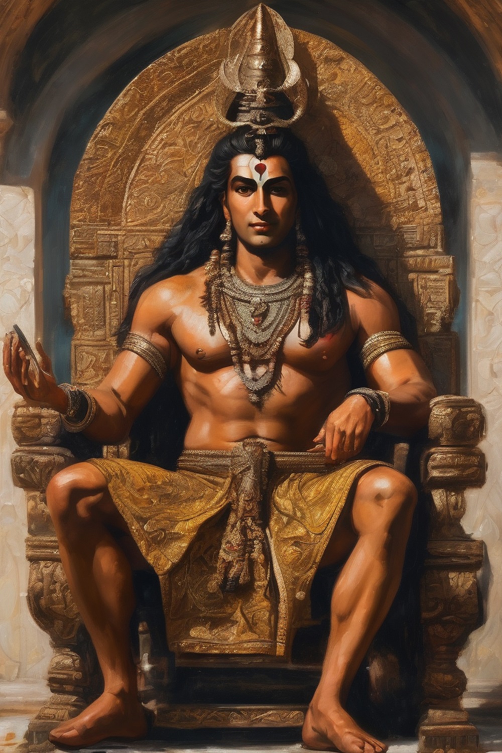 Shiva sitting on stone chair oil painting pinterest preview image.