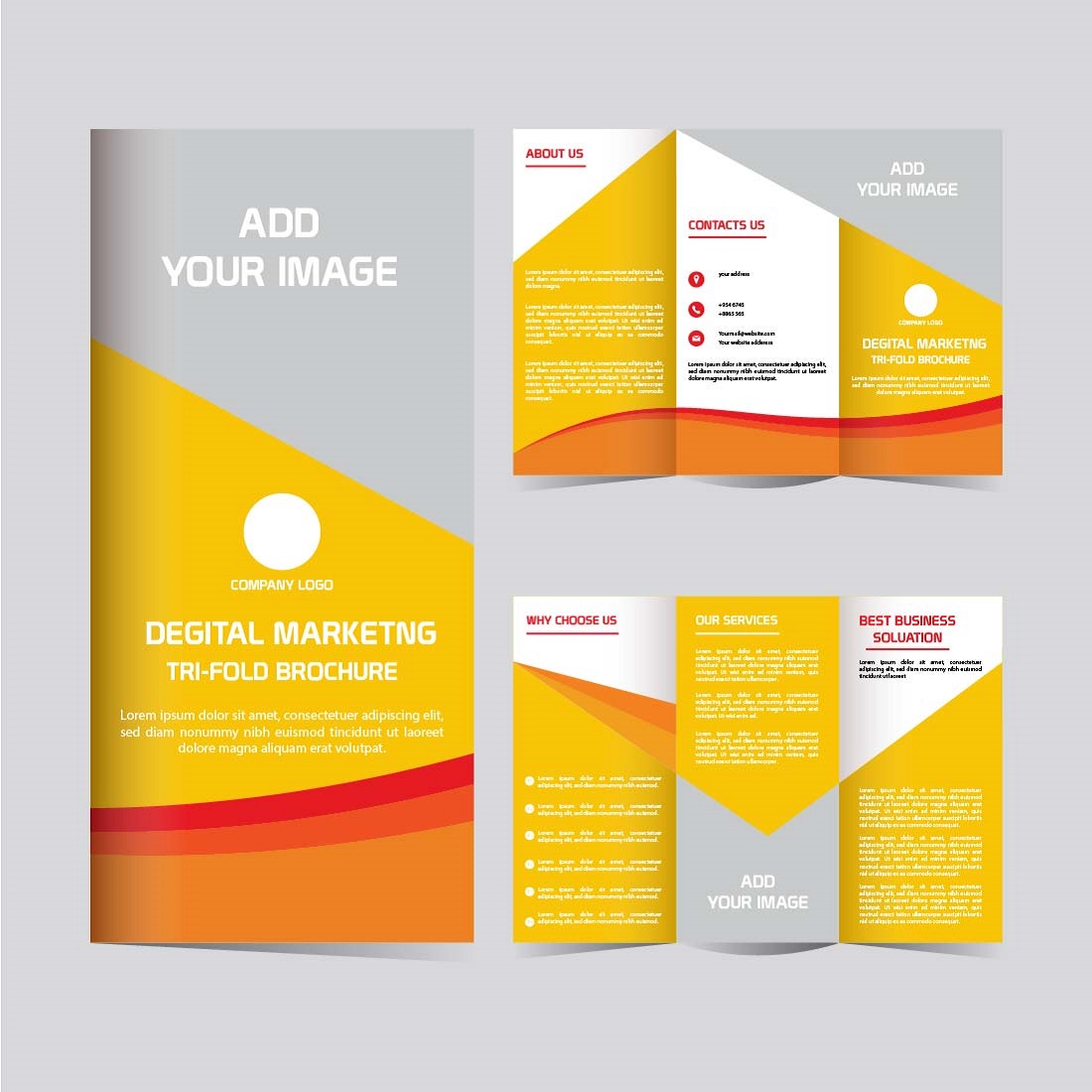 Vector digital marketing trifold brochure design editable and resizable cover image.