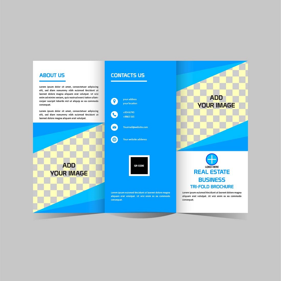 Vector real estate Tri fold brochure design template preview image.