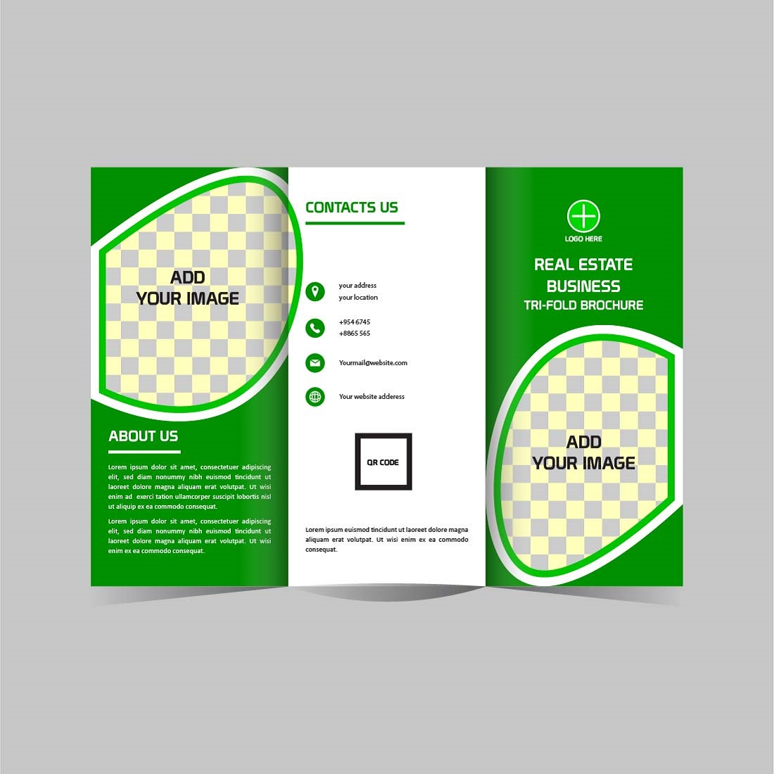 Vector real estate Tri fold brochure template design preview image.