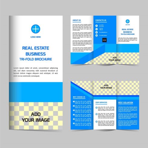 Vector Tri fold real estate brochure design template editable and resizable cover image.