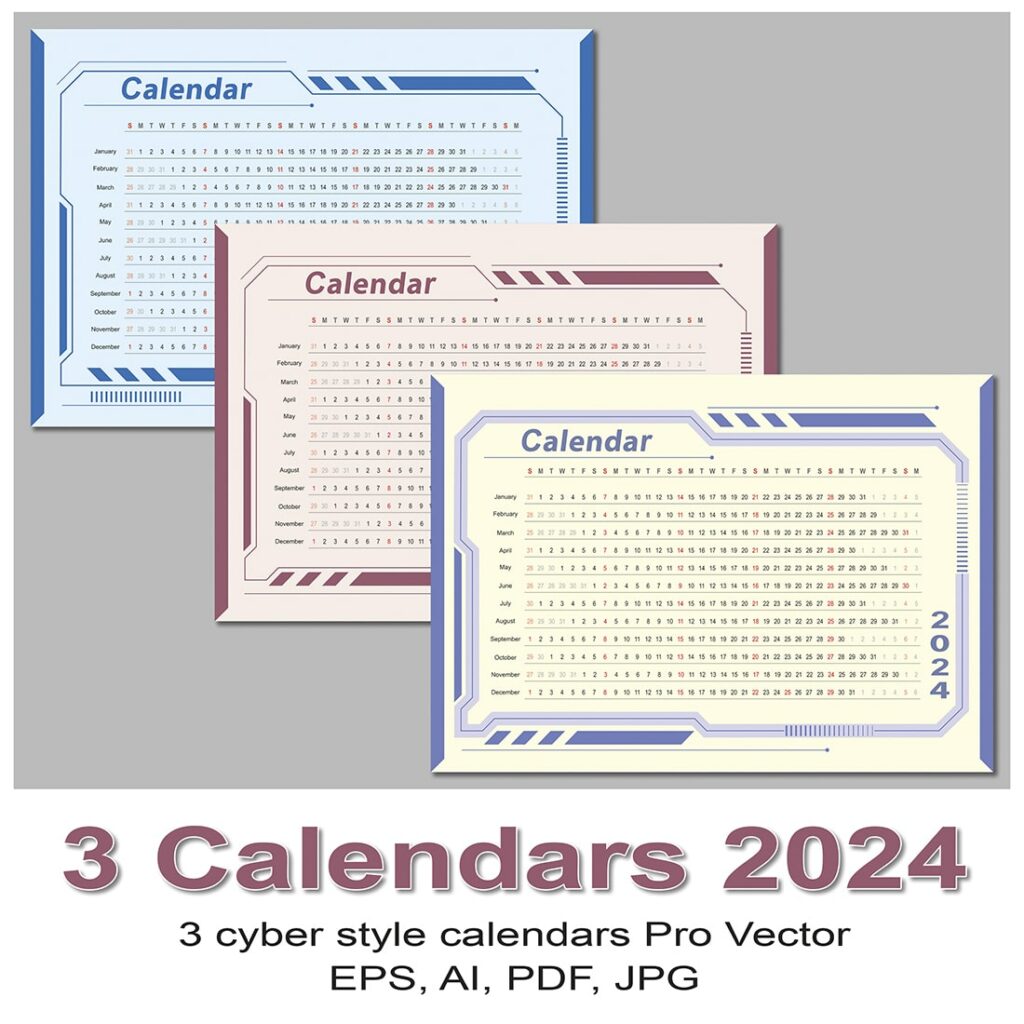 3 Vector Wall Cyber style Calendars_2024 MasterBundles