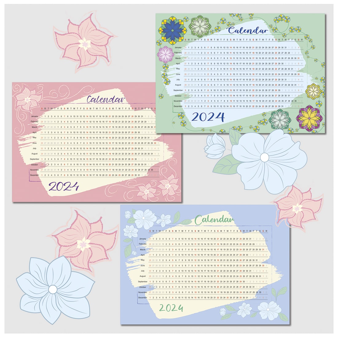 3 Vector Wall Floral Calendars_2024_horizontal preview image.