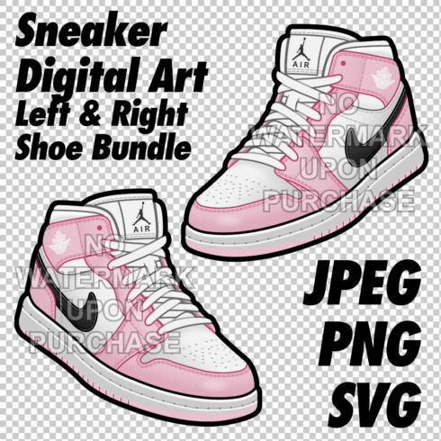Air Jordan 1 MID White Pink Black JPEG PNG SVG Sneaker Art right & left shoe bundle Digital Download cover image.