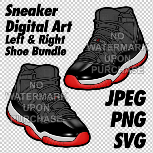 Air Jordan 11 bred JPEG PNG SVG Sneaker Art right & left shoe bundle Digital Download cover image.