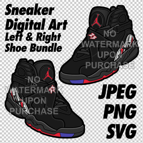 Air Jordan 8 Playoffs JPEG PNG SVG Sneaker Art right & left shoe bundle Digital Download cover image.