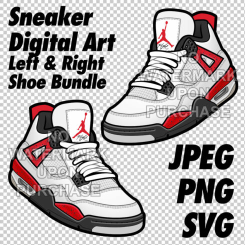 Air Jordan 4 Red Cement JPEG PNG SVG Sneaker Art Left & Right Shoe Bundle Digital Download cover image.