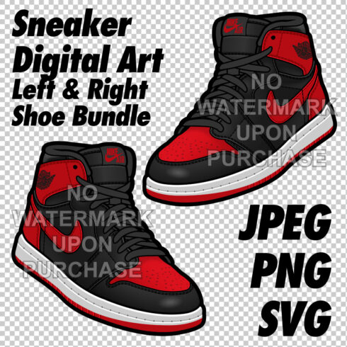 Air Jordan 1 Banned JPEG PNG SVG right & left shoe bundle Sneaker Art Digital Download cover image.