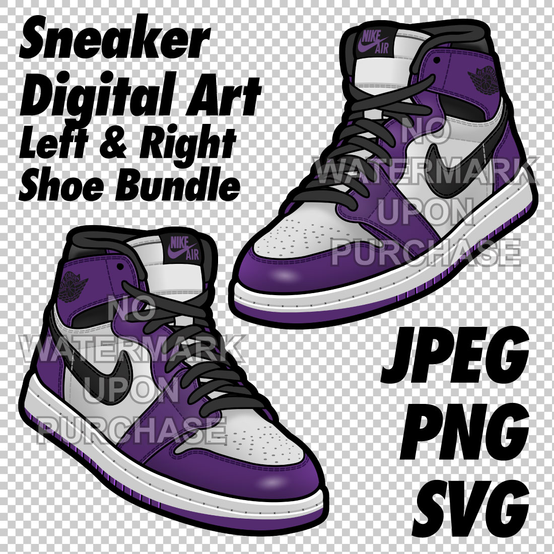 Air Jordan 1 Court Purple JPEG PNG SVG Sneaker Art right & left shoe bundle cover image.