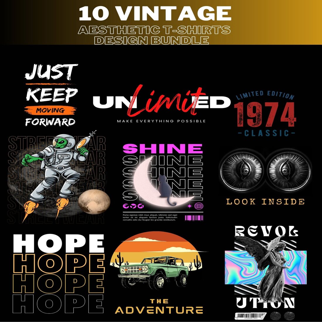 10 vintage aethsetic T-shirts Design Bundle in JPEG format preview image.