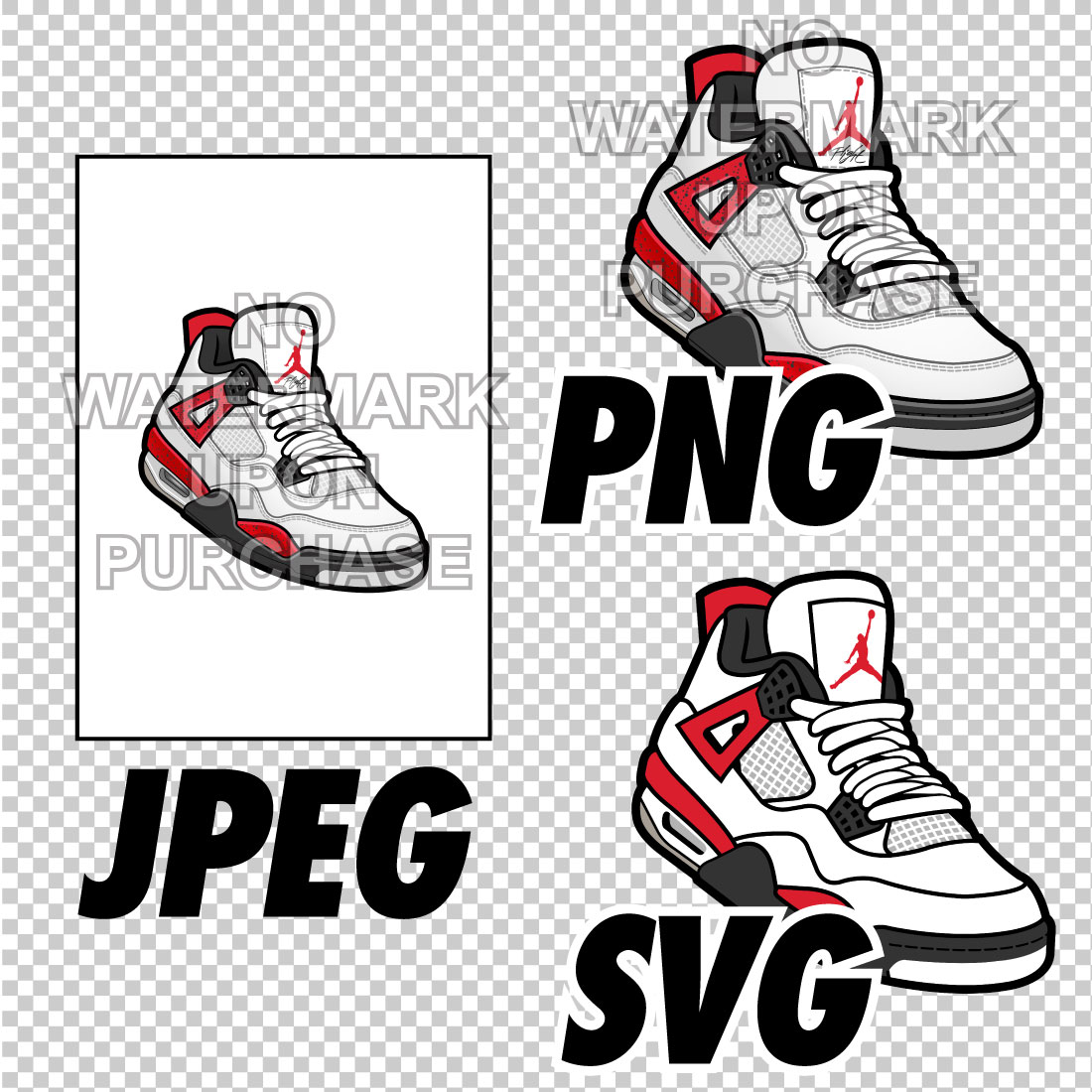 Air Jordan 4 Red Cement JPEG PNG SVG Sneaker Art Left & Right Shoe Bundle Digital Download preview image.